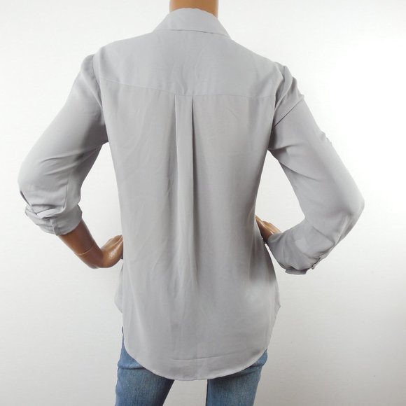 EXPRESS Top M Portofino Button Down Blouse Gray Mist Roll Tab Long Sleeves - Picture 8 of 10